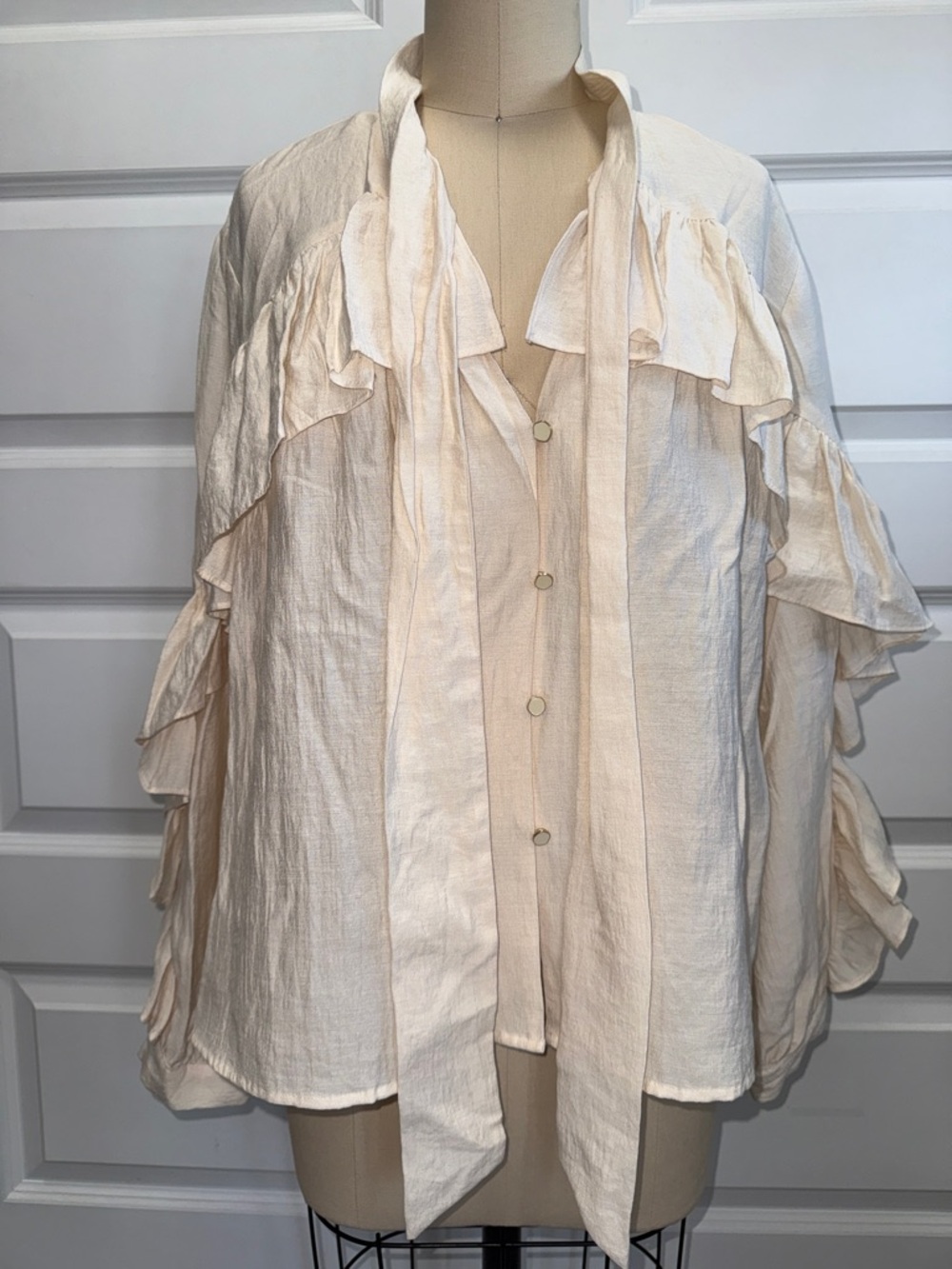 Zara Cream Ruffle Button-Down Blouse with Tie Neck